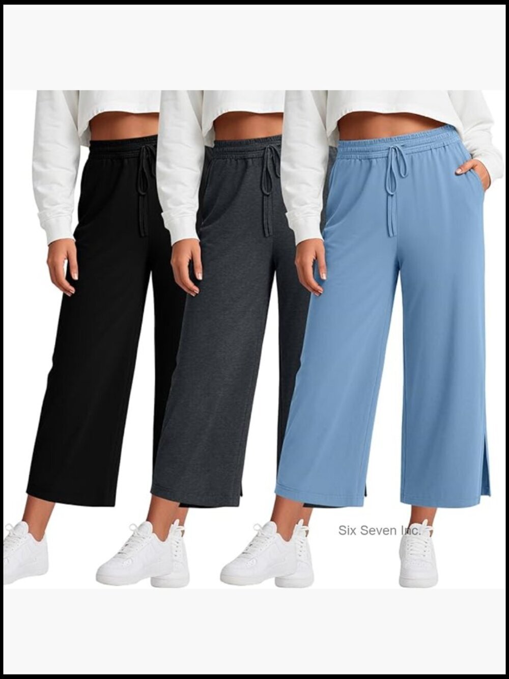 Plus Size Capris, Drawstring Wide Leg Lounge Pants with Pockets, 3 Pack